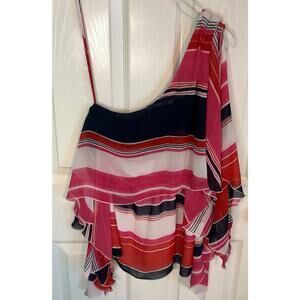 Vince Camuto One Shoulder Flowy Striped Layered Blouse Pink Red Blue Size 4